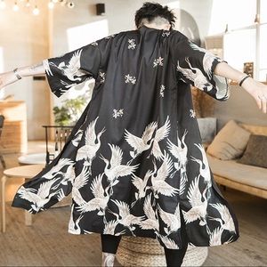 Unisex crane bird kimono satin robe